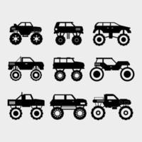conjunto de impressões de monster trucks ilustrado em um fundo branco vetor