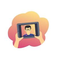 webinar, educação online, e-learning, tablet com vídeo-aula vetor
