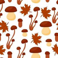 padrão de floresta sem costura com cogumelos comestíveis e folhagem de outono. vetor