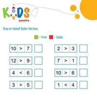 verdadeiro ou falso. comparação de números, planilha de matemática para impressão vetor