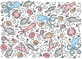 mão desenhado conjunto de elementos de frutos do mar. ilustração em vetor estilo doodle.