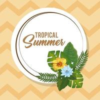 pôster de verão tropical com flores e folhas vetor