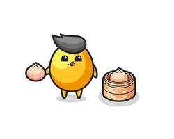 personagem de ovo de ouro fofo comendo pãezinhos no vapor vetor