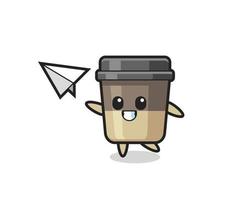 personagem de desenho animado de xícara de café jogando avião de papel vetor