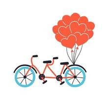 bicicleta tandem com balões vermelhos. bicicleta e corações. desenhado à mão vetor