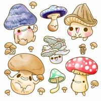 ilustração de conjunto de vetor de cogumelo fofo, aquarela de cogumelo