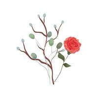 rosa fofa com ícone isolado de ramos e folhas vetor