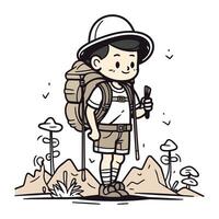 Garoto caminhante com mochila e mapa. vetor ilustração dentro desenho animado estilo.