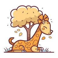 fofa desenho animado girafa sentado debaixo árvore. vetor ilustração para crianças.