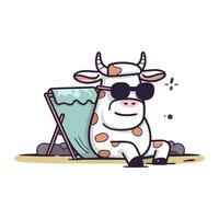 fofa vaca dentro oculos de sol sentado em a de praia. vetor ilustração.