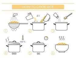 instruções para a preparação de alimentos. passos como cozinhar arroz. vetor