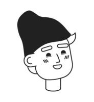 gorro chapéu Garoto caucasiano Preto e branco Preto e branco 2d vetor avatar ilustração. cheio de dentes sorridente homem esboço desenho animado personagem face isolado. inverno chapéu plano do utilizador perfil imagem, retrato