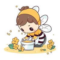 fofa pequeno menina jogando com abelha e flor. vetor ilustração.