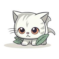fofa branco gato com verde folhas. vetor ilustração em branco fundo.