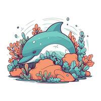 desenho animado golfinho dentro a mar. vetor ilustração isolado em branco fundo.