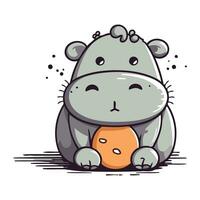 fofa hipopótamo sentado e segurando a laranja. vetor ilustração.