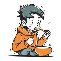 Garoto comendo sopa. vetor ilustração do uma Garoto comendo sopa com colher.