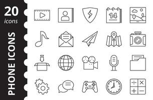 conjunto do telefone ícones. contém tal símbolos Como contato, chamar, mensagem, Internet, galeria, Transferências e mais. vetor