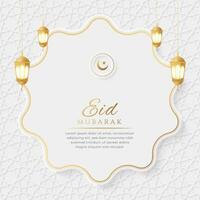 eid Mubarak árabe islâmico elegante branco e dourado luxo ornamental fundo com islâmico padronizar e decorativo lanternas vetor