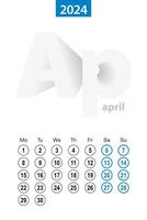 calendário para abril 2024, azul círculo Projeto. Inglês linguagem, semana começa em segunda-feira. vetor