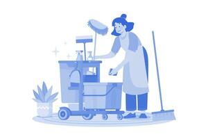 trabalhadora de limpeza feminina com equipamento de limpeza vetor