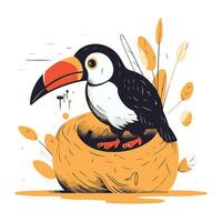 fofa desenho animado tucano sentado dentro uma ninho. vetor ilustração.