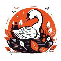 vetor ilustração do uma cisne dentro uma ninho com folhas e pássaros em uma branco fundo.