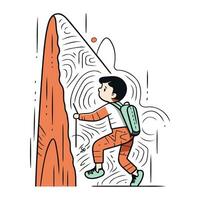 pequeno Garoto escalada em uma Rocha. vetor ilustração dentro desenho animado estilo.