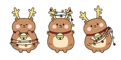 conjunto do fofa veado dentro vários poses com Natal luz desenho animado mão desenhado.animal personagem Projeto coleção.nova ano festivaal.inverno.isolado.kawaii.vetor.ilustração. vetor