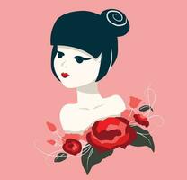 chinês menina retrato com vermelho rosas vetor