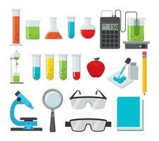 Ciência e tecnologia ícones definir, Incluindo uma microscópio, uma livro, uma frasco, uma vidro, vetor