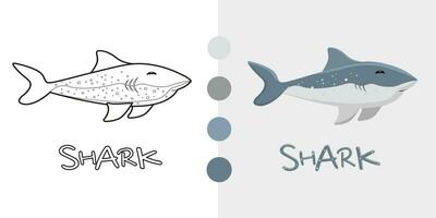 Tubarão desenho animado personagem. coloração livro. tedioso. isolado. vetor