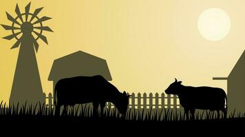 campo panorama vetor ilustração. Fazenda silhueta panorama com gado, casa de fazenda e moinho de vento. rural cenário silhueta para fundo, papel de parede ou aterrissagem página