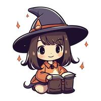 fofa pequeno bruxa menina com chapéu e livro. vetor ilustração.