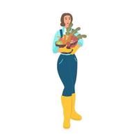 mulher agricultora com uma cesta de legumes. ilustração vetorial vetor