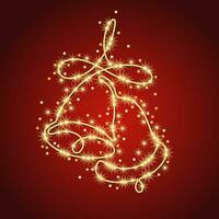 dois sinos estão desenhado 1 linha com espumante pequeno estrelas em vermelho fundo. festivo ilustração para natal, Novo ano feriado, casamento, festa eventos. vetor