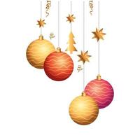 conjunto de bolas com estrelas e pinheiro pendurado natal vetor