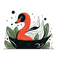 vetor mão desenhado ilustração do uma cisne dentro uma ninho com folhas.