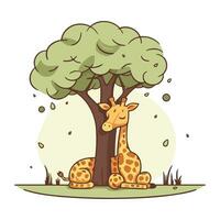 girafa sentado debaixo uma árvore. vetor ilustração dentro desenho animado estilo.