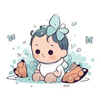 fofa pequeno bebê menina com borboleta asas e borboletas. vetor ilustração.