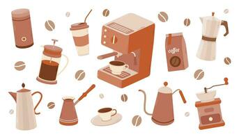 conjunto café elementos coleção. café suprimentos ícones. criador, francês imprensa, Panela, café máquina. vetor ilustração