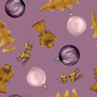 Natal desatado padronizar com de madeira brinquedos e Natal bola digital ilustração isolado em roxo. feriado símbolo, decoração mão retirou. elemento para Novo ano Projeto invólucro, têxtil, fundo vetor