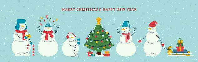 alegre Natal e Novo ano bandeira com fofa feliz bonecos de neve, abeto árvore, neve vetor