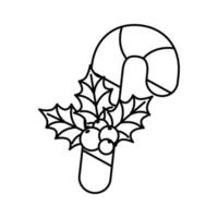doce cana natal com ícone de estilo de linha de folhas e sementes vetor