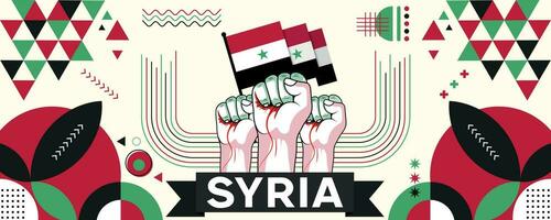 Síria nacional ou independência dia bandeira para sírio celebração. bandeira do Síria com elevado punhos. moderno retro Projeto com abstrato geométrico ícones. vetor ilustração.