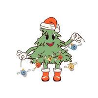 Natal árvore com uma festão do decorações. retro personagem dentro desenho animado elegante groovy estilo. a atmosfera é a partir de a anos 60 e anos 70. alegre Natal e feliz Novo ano. vetor