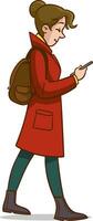 ilustração do uma Adolescência menina dentro vermelho Jaqueta caminhando com uma Móvel telefone vetor