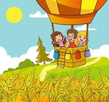 crianças em uma quente ar balão dentro a campo. vetor ilustração.
