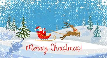 Natal cartão santa claus em uma trenó com uma rena vetor