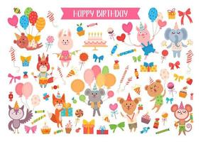 conjunto de aniversário de animais para design de festa infantil vetor